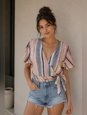 Majorelle x REVOLVE Striped Wrap Crop Top L NWT Flutter Sleeve Tie Front